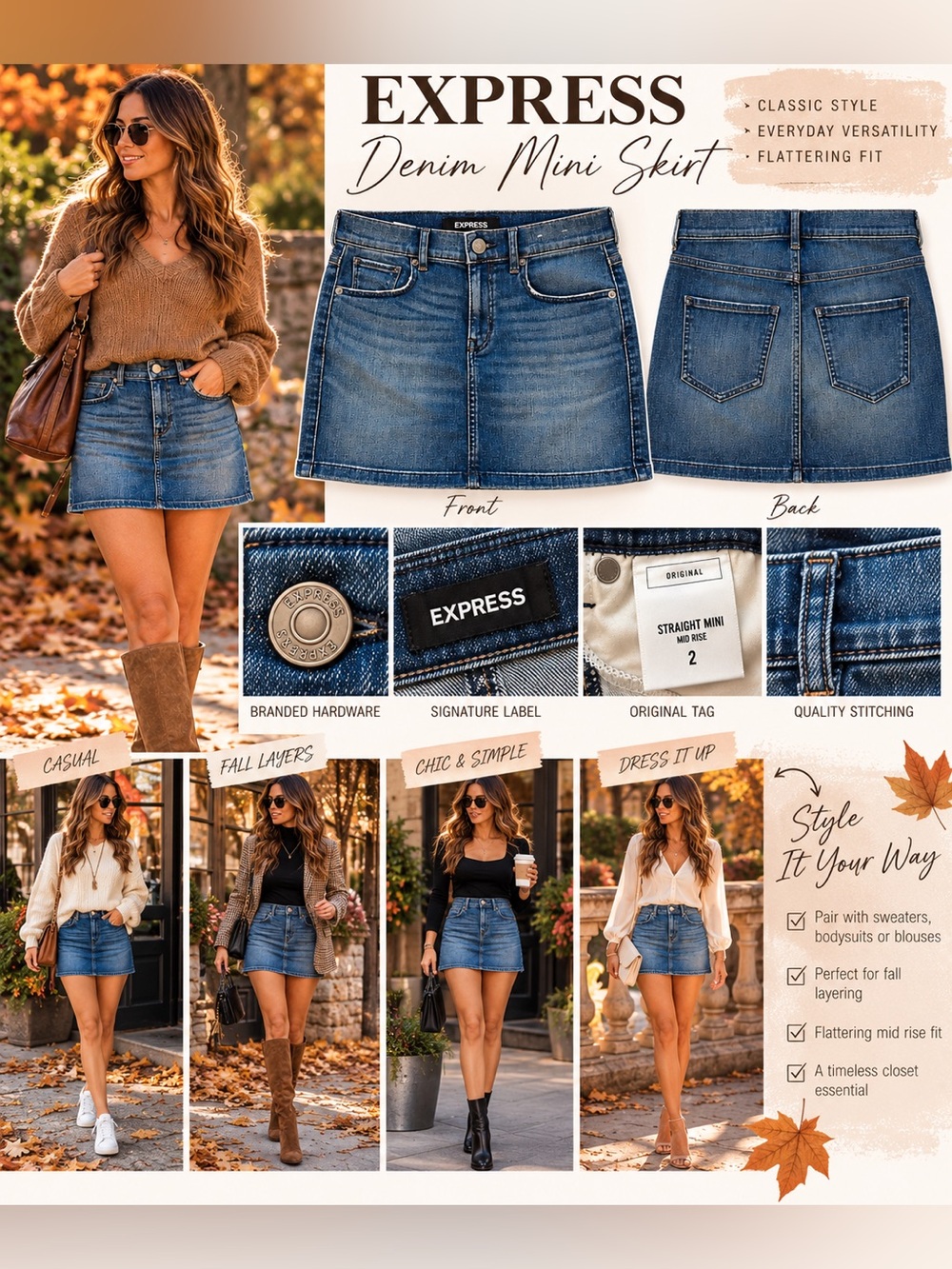 🍂 EXPRESS Denim Mini Skirt — Straight Mini, Mid Rise | Size 2